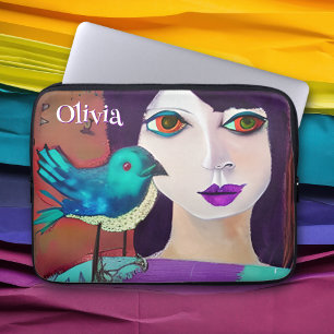 Housse Pour Ordinateur Portable Abstraite fille et oiseau pourpre et Turquoise Per