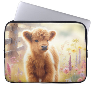 Housse Pour Ordinateur Portable Adorable Baby Highland Cow In Flower Field