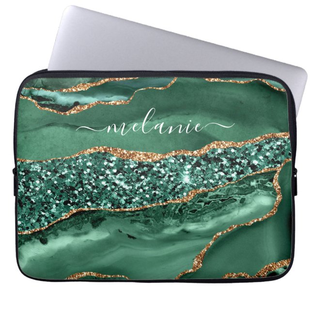 Housse Pour Ordinateur Portable Agate Green Gold Parties scintillant Geode Marbre  (Devant)