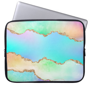 Housse Pour Ordinateur Portable Agate Holo Faux Iridescente Pastel Ombre Marble