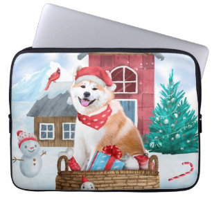 Housse Pour Ordinateur Portable Akita Chien dans la neige Maison de Chien de Noël