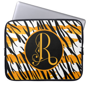 Housse Pour Ordinateur Portable Amusant Orange Noir Blanc Rayures de Tigre Monogra