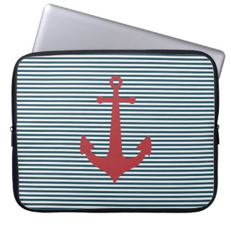 Housse Pour Ordinateur Portable Ancrage marin rouge sur arrière - plan bleu rayé