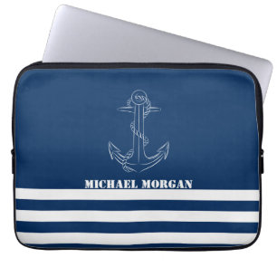 Housse Pour Ordinateur Portable Ancre nautique, marin à rayures bleu marine
