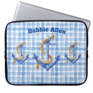 Housse Pour Ordinateur Portable Ancre Personnalisée Et Corde En vichy Bleu