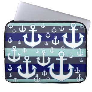 Housse Pour Ordinateur Portable ancres blanches avec des bandes bleues nautiques