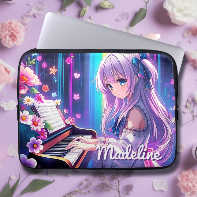 Housse Pour Ordinateur Portable Anime Girl Jouer Piano Personnalisé (Créateur téléchargé)