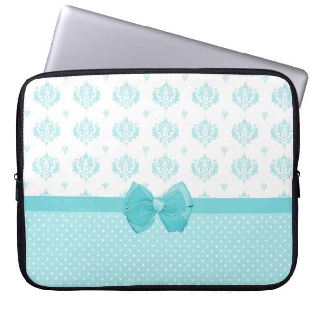 Housse Pour Ordinateur Portable Aqua Bleu Damas Avec Ruban Turquoise (Devant)