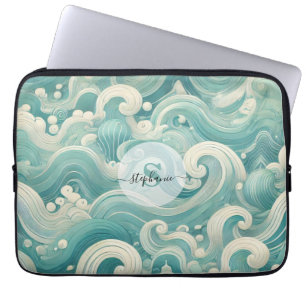 Housse Pour Ordinateur Portable Aqua Blue & White Wave Abstraite - Art moderne Flu