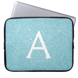 Housse Pour Ordinateur Portable Aqua Parties scintillant bleue Turquoise et Monogr