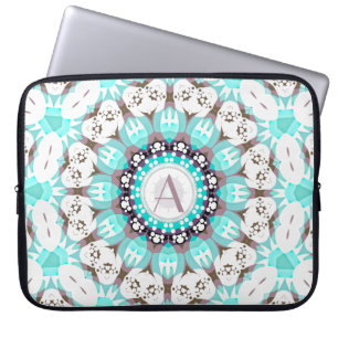 Housse Pour Ordinateur Portable Aqua White Hearts Mandala avec texte personnalisé