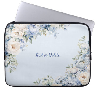 Housse Pour Ordinateur Portable Aquarelle bleu Dusty Fleurs d'ivoire Feuille