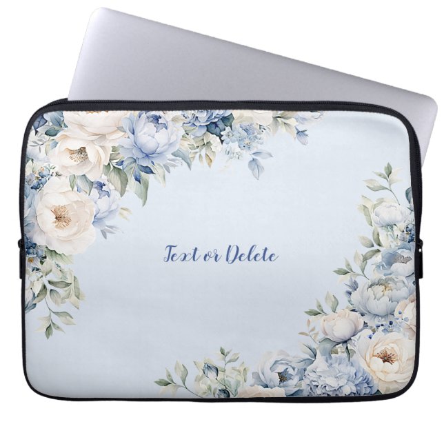 Housse Pour Ordinateur Portable Aquarelle bleu Dusty Fleurs d'ivoire Feuille (Devant)
