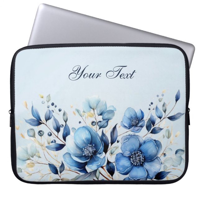 Housse Pour Ordinateur Portable Aquarelle Bleu Fleurs Manches Ordinateur Portable (Devant)
