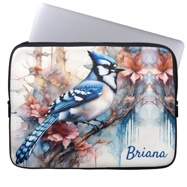 Housse Pour Ordinateur Portable Aquarelle bleu Jay Cherry Blossoms (Devant)