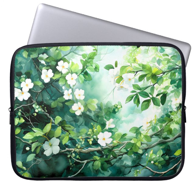 Housse Pour Ordinateur Portable Aquarelle botanique Fleurs blanches Feuilles verte (Devant)