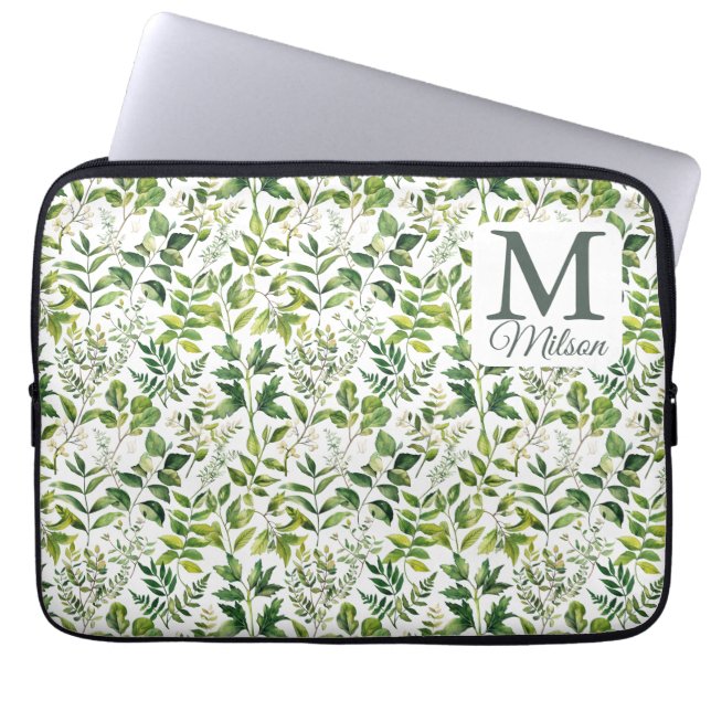 Housse Pour Ordinateur Portable Aquarelle Botanique Vert feuille monogramme (Devant)
