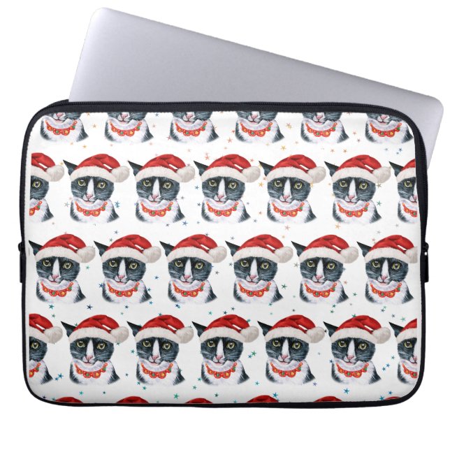 Housse Pour Ordinateur Portable Aquarelle de Noël Noir et Blanc Chat (Devant)