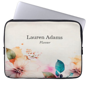 Housse Pour Ordinateur Portable Aquarelle fleurs couleurs pastel nom personnalisé