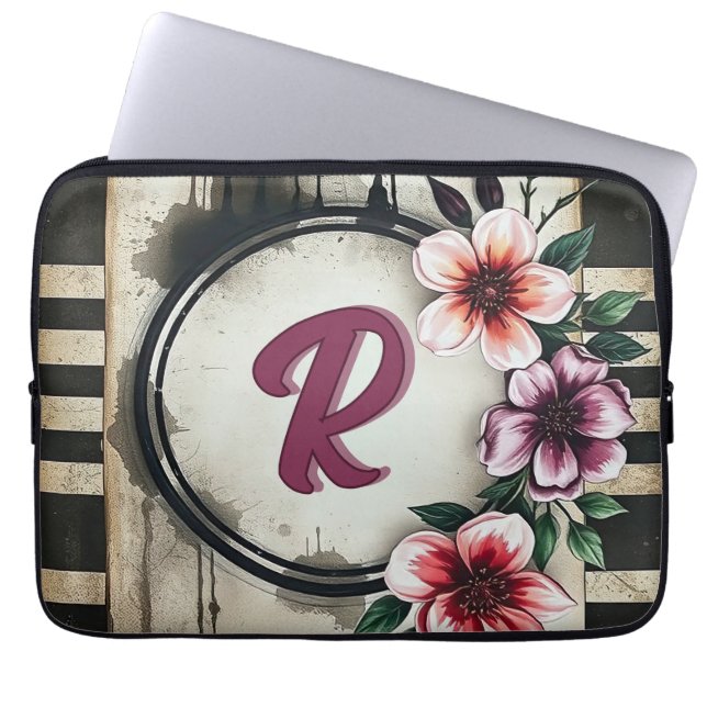 Housse Pour Ordinateur Portable Aquarelle Fleurs désistées Chic Messy Monogramme (Devant)