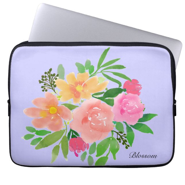 Housse Pour Ordinateur Portable Aquarelle fleurs roses et feuilles verts (Devant)
