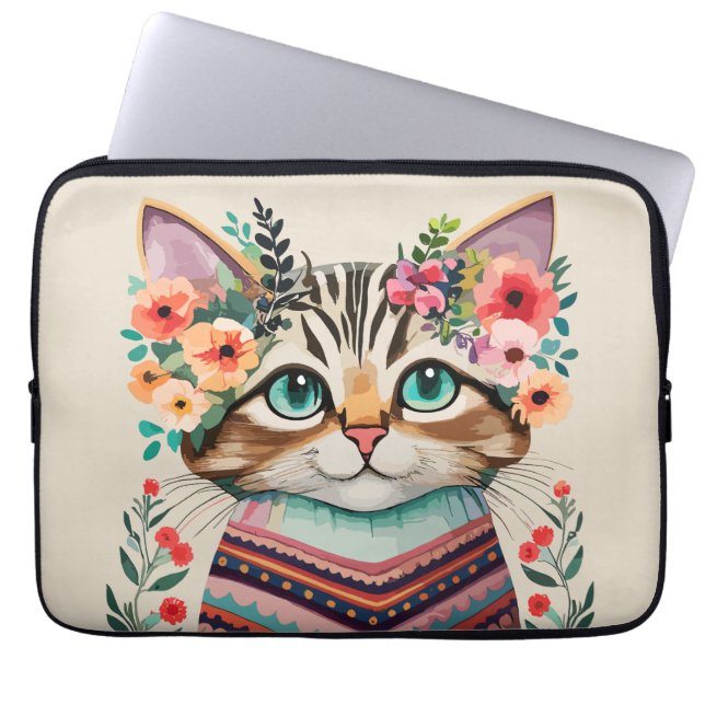 Housse Pour Ordinateur Portable Aquarelle florale de chats mignons (Devant)