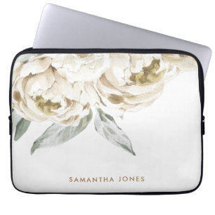 Housse Pour Ordinateur Portable Aquarelle florale minimaliste moderne Peonie blanc
