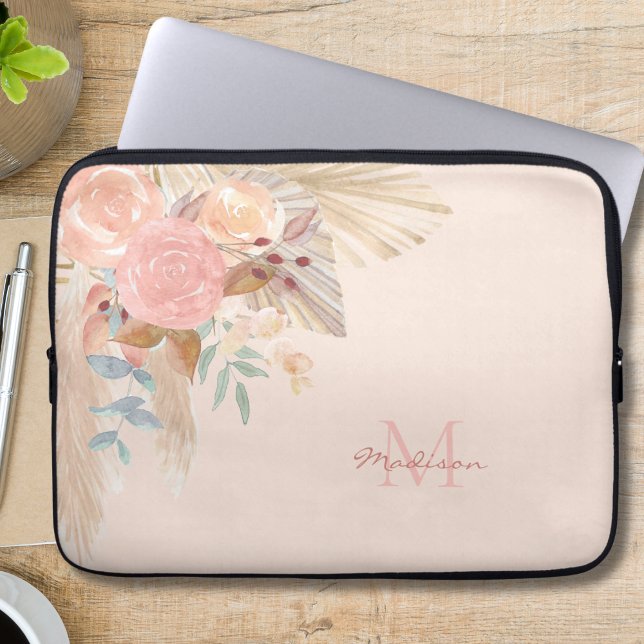 Housse Pour Ordinateur Portable Aquarelle florale monogramme (Créateur téléchargé)