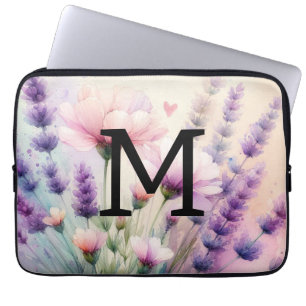 Housse Pour Ordinateur Portable Aquarelle florale monogramme rose violet lavande