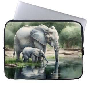 Housse Pour Ordinateur Portable Aquarelle Illustration de maman et bébé éléphant