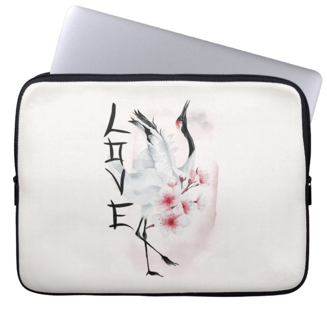 Housse Pour Ordinateur Portable Aquarelle Japonaise Sakura Blossom Love Crane (Devant)