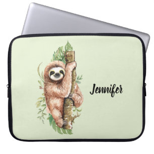 Housse Pour Ordinateur Portable Aquarelle mignonne Sloth & Feuilles tropicaux