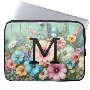Housse Pour Ordinateur Portable Aquarelle monogramme pastille fleurs sur bois turq