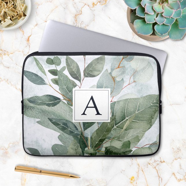 Housse Pour Ordinateur Portable Aquarelle monogramme Sage rustique Vert (In situ)
