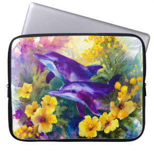 Housse Pour Ordinateur Portable Aquarelle Océan Dauphins Fleurs Tropicales