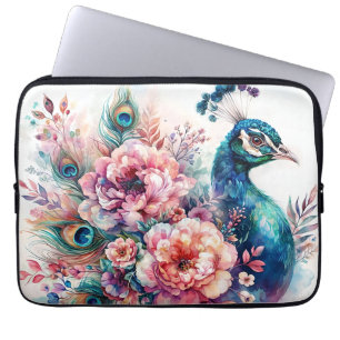 Housse Pour Ordinateur Portable Aquarelle Peacock Portrait floral