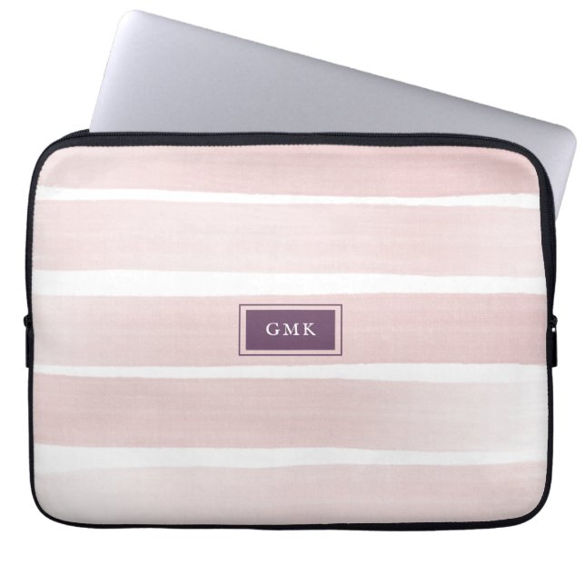 Housse Pour Ordinateur Portable Aquarelle Peinte Pink Stripe Initiales Monogramme (Devant)