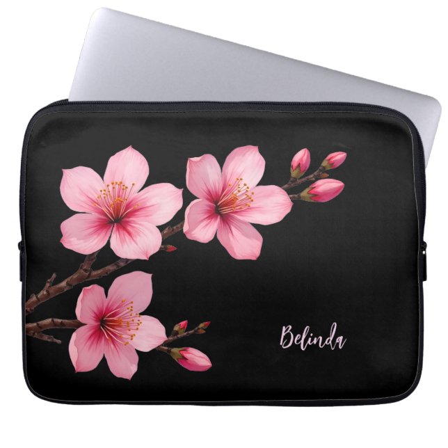 Housse Pour Ordinateur Portable Aquarelle rose cerisier noir Monogramme en fleurs (Devant)