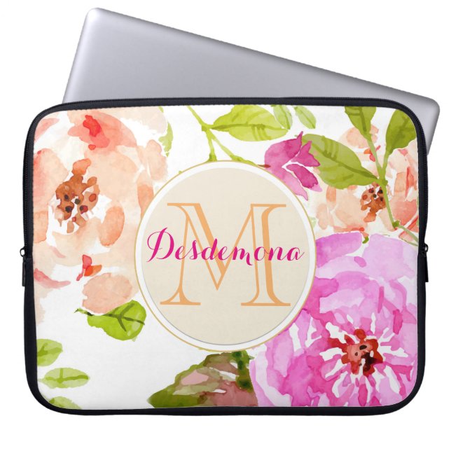 Housse Pour Ordinateur Portable Aquarelle rose monogramme Floral (Devant)