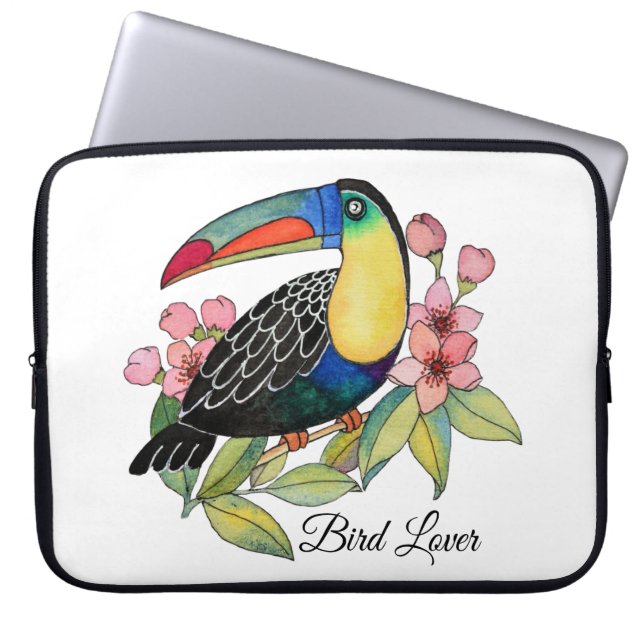 Housse Pour Ordinateur Portable Aquarelle Toucan Bird Avec Fleurs (Devant)
