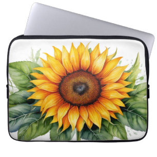 Housse Pour Ordinateur Portable aquarelle tournesol vert feuilles dessinés main