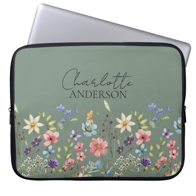 Housse Pour Ordinateur Portable Aquarelle verte Sage Nom du Fleur sauvage Monogram (Devant)