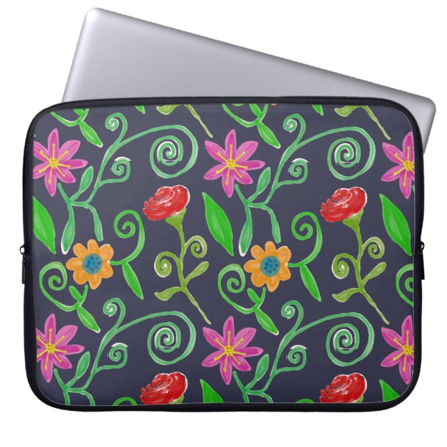 Housse Pour Ordinateur Portable Aquarelle Whimsical Floral Navy Bleu (Devant)