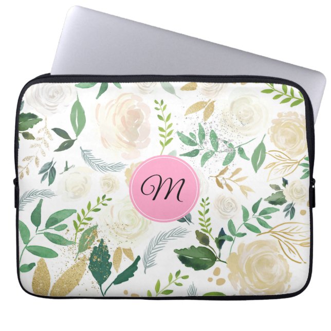 Housse Pour Ordinateur Portable Aquarelles Blanc & Beige Rose Motif (Devant)