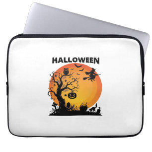 Housse Pour Ordinateur Portable Arbre effrayant Halloween Sorcière volante Lune or