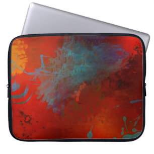Housse Pour Ordinateur Portable Art abstrait numérique grunge rouge, aqua et or