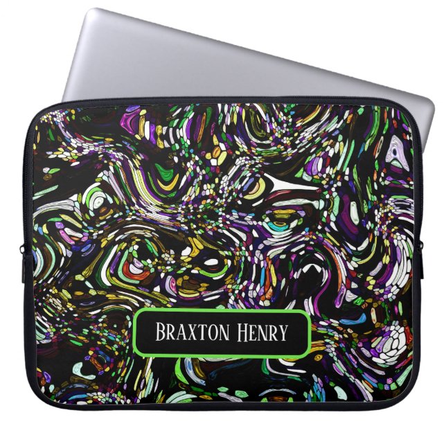 Housse Pour Ordinateur Portable Art Abstrait personnalisé Black Swirl Green (Devant)