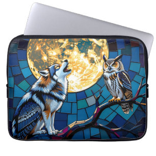 Housse Pour Ordinateur Portable Art de mosaïque de loup et de hibou