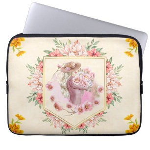 Housse Pour Ordinateur Portable Art floral rose, Dame du Printemps