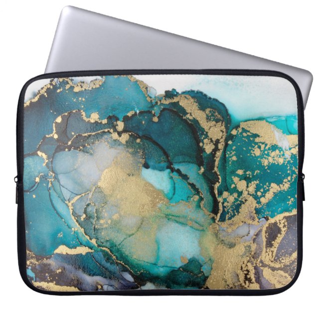 Housse Pour Ordinateur Portable Artabstracte turquoise d'alcool d'alcool noir, art (Devant)